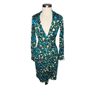 DIANE VON FURSTENBERG DVF Judy Wrap Dress Green Blue Leopard Silk Vintage Size 0
